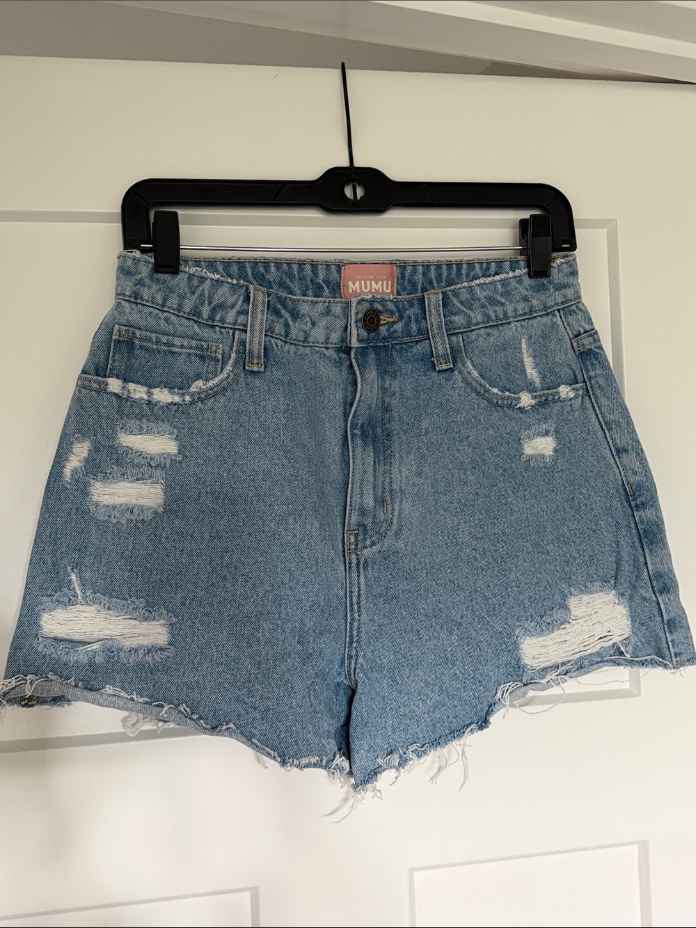 Show Me Your MuMu Light Blue Distressed High-Rise Denim Cutoff Shorts